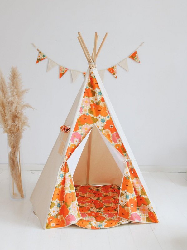 Tipi- en mattenset “Picknick met de bloemen”.
