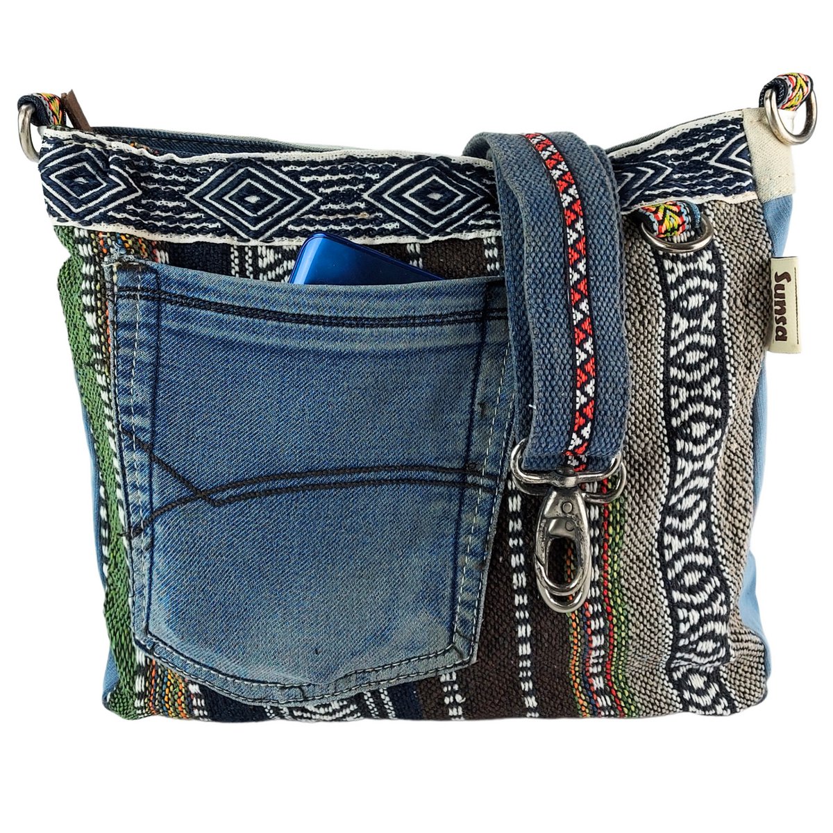 Sac bandoulière femme Sunsa. Sac bandoulière en jean upcyclé et coton. Sac à main style rétro vintage. Sac bandoulière pour femme.