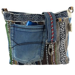Sac bandoulière femme Sunsa. Sac bandoulière en jean upcyclé et coton. Sac à main style rétro vintage. Sac bandoulière pour femme.