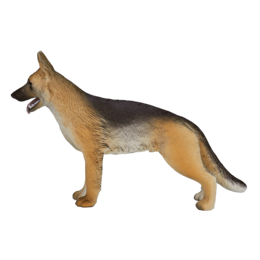A realistic German Shepherd dog toy figure in a standing pose. The toy has a tan and black fur coloration and a detailed sculpted appearance.