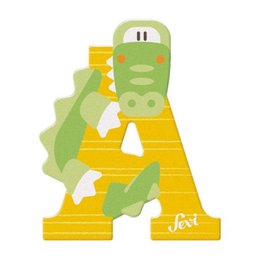 Wooden toy letter 'A' in the shape of a green monster holding a yellow object. The letter is standing on a pink and white striped platform.