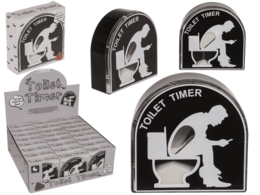 "Toilet timer sand hourglass, plastic bathroom humor novelty gift, black white design"