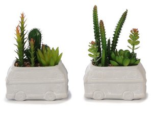 Keramische bus met kunstplanten 12x8x18cm