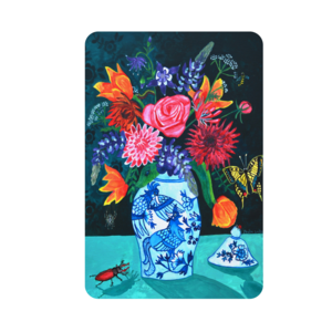 Bloemen Eco Kaart met blauw witte vaas | Duurzame Verjaardagskaart Bloemen Kaarten | Kleurige Kunst Wenskaarten | Hippe Feestkaarten