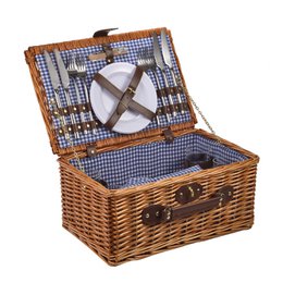 LAGUIOLE, Panier Pique-Nique pour 4 Personnes, Osier, Coton, Céramique, Métal et PVC, Repas Nomades, Plein Air, Extérieur, Camping, Randonnée, Marron