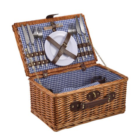 LAGUIOLE, Picnic Basket for 4 People, Wicker, Cotton, Ceramic, Metal and PVC, Nomadic Meals, Open Air, Outdoor, Camping, Hiking, Brown