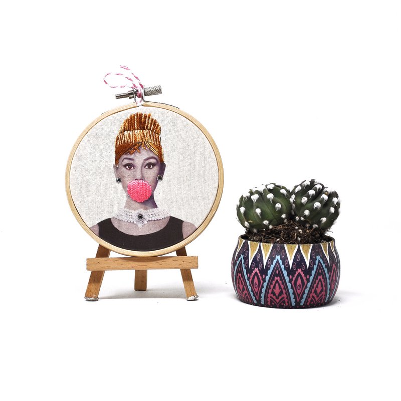 Handmade Embroidery Hoop Wall Art - Bubblegum Celebrities - Textile Wall Art Decoration (10cm)