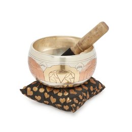 Copper singing bowl decorated with a Buddha in relief