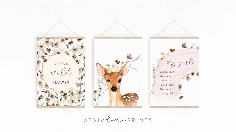 Deer poster, deer print, cute deer print, woodland animals nursery print, floral nursery print, wildflowers print, girls nursery poster, girls room poster
