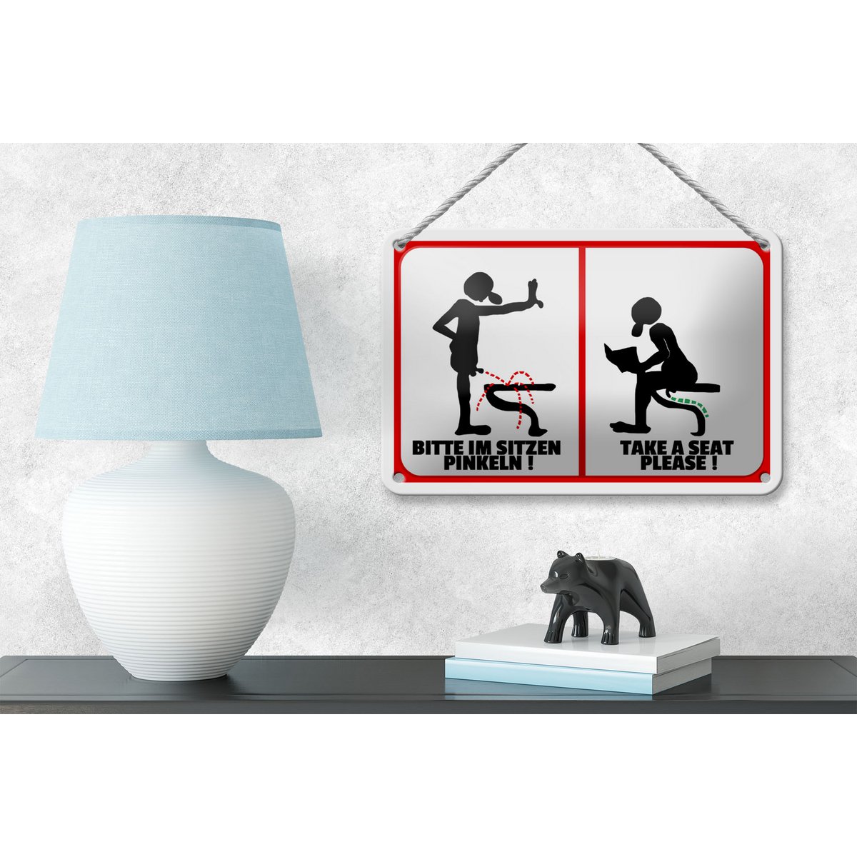 Tin sign note 18x12cm Please pee while sitting (b/w) decoration
