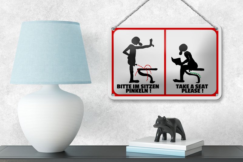 Tin sign note 18x12cm Please pee while sitting (b/w) decoration