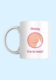  A white ceramic mug with a pink graphic design depicting a breast and the text "Simply the breast". The mug is suitable for use as a coffee or tea cup.