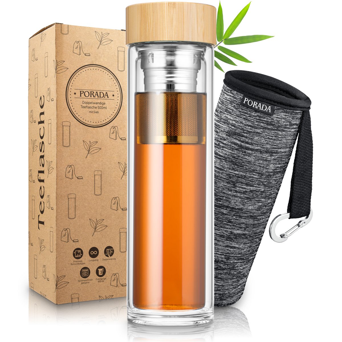 Bouteille de thé de 500 ml avec sac de protection et mousqueton
