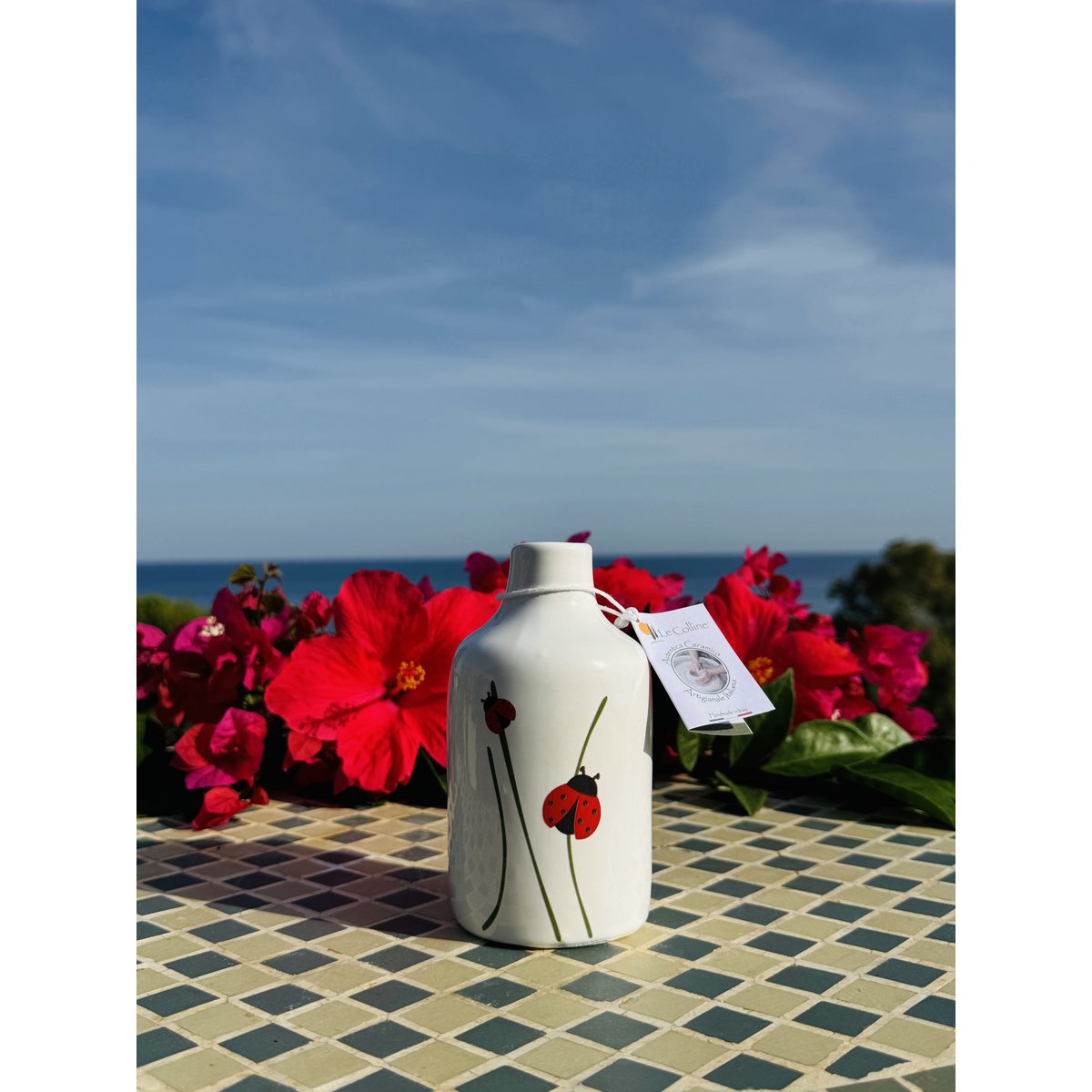 Handmade oil bottle of oil donors oil jug ceramic bottle with graphics for olive oil & vinegar from Italy 250ml