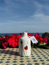 Handgemachte Ölflasche Ölspender Ölkännchen Keramikflasche mit Grafik für Olivenöl & Essig aus Italien 250ml