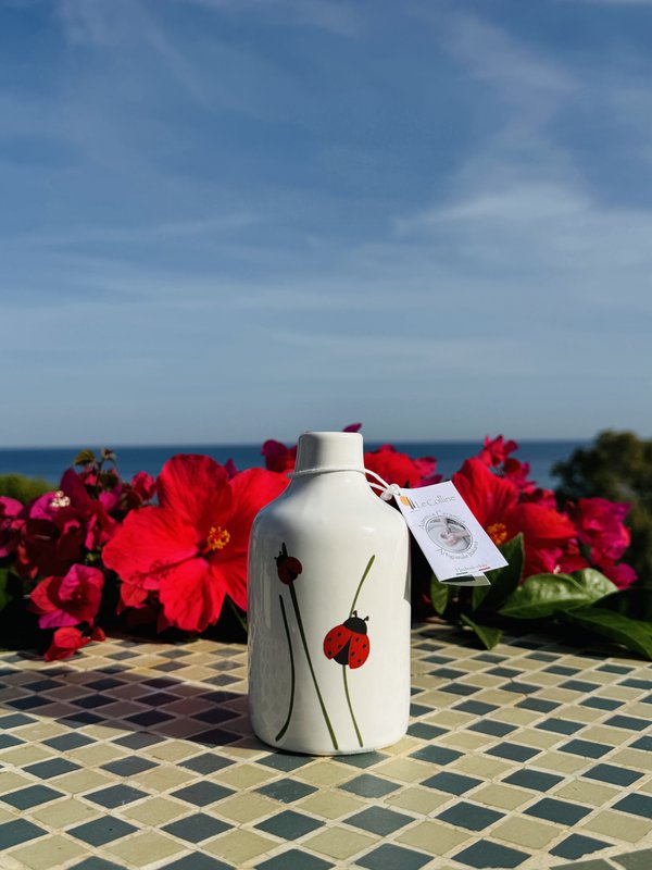 Handgemachte Ölflasche Ölspender Ölkännchen Keramikflasche mit Grafik für Olivenöl & Essig aus Italien 250ml