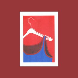  A minimalist poster featuring a red and blue coat hanger with a simple, abstract design. The poster has a modern, stylized aesthetic and would be suitable for home decor or as part of a collection.