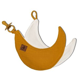 Dou dou cuddly toy with a similar pendant BIO cotton muslin pacifier holder Moon Mustard