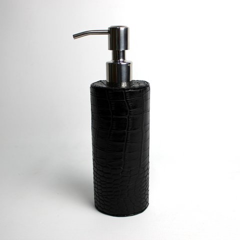 Round soap dispenser in crocodile look-black and stainless steel