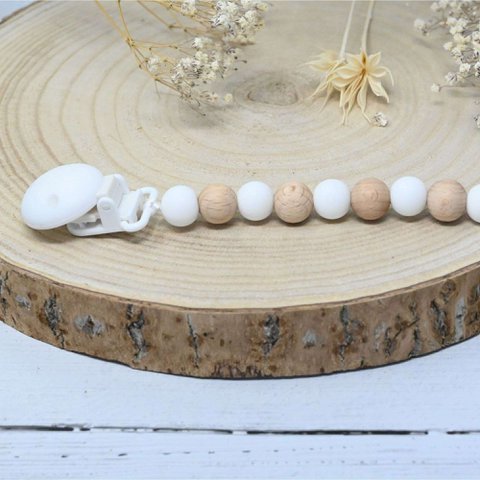 STANDARD PACIFIER CLIP - WOOD AND WHITE **DESTOCK**
