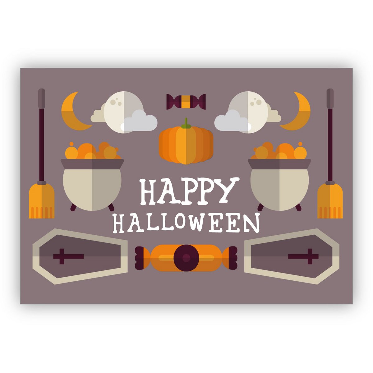 Cool beige Halloween card with coffin, cauldron and pumpkin: Happy Halloween