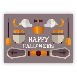 A Halloween greeting card with a beige background, featuring various Halloween-themed elements such as a coffin, cauldron, pumpkin, clouds, bats, and the text "Happy Halloween". The card appears to be suitable for sending as a Halloween greeting.