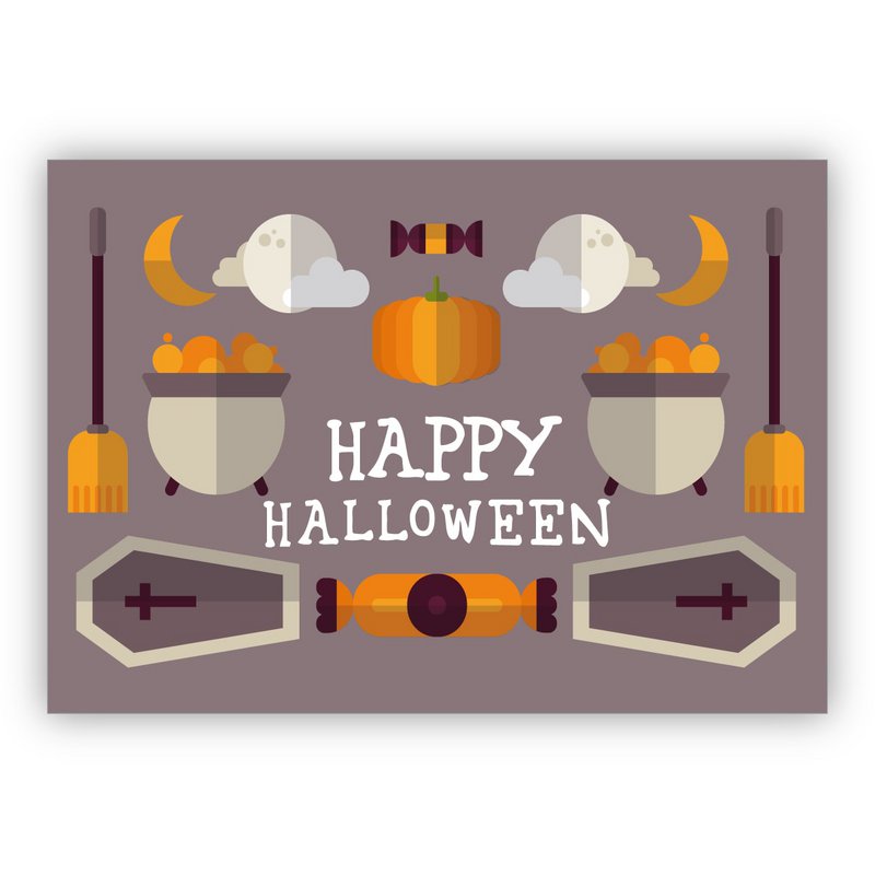 Cool beige Halloween card with coffin, cauldron and pumpkin: Happy Halloween