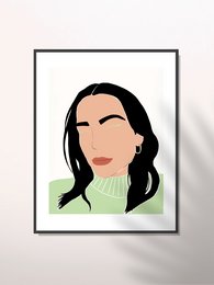 A minimalist portrait of a woman with long dark hair and a green sweater. The image has a simple, abstract style with clean lines and shapes.