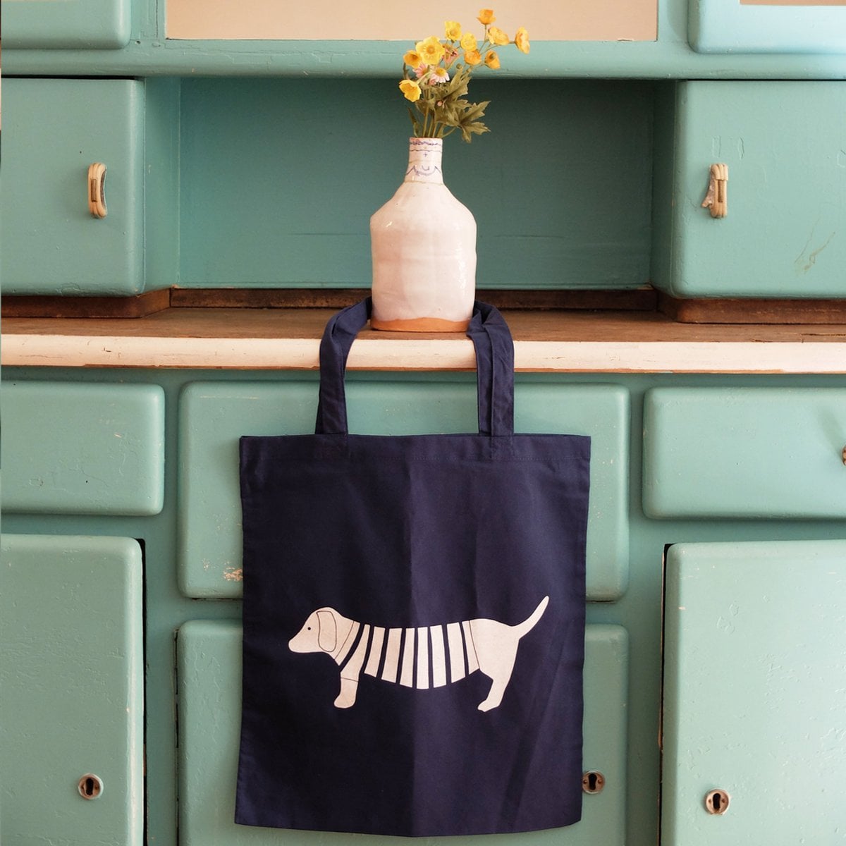 handbedruckte Stofftasche mit Dackelmotiv navy