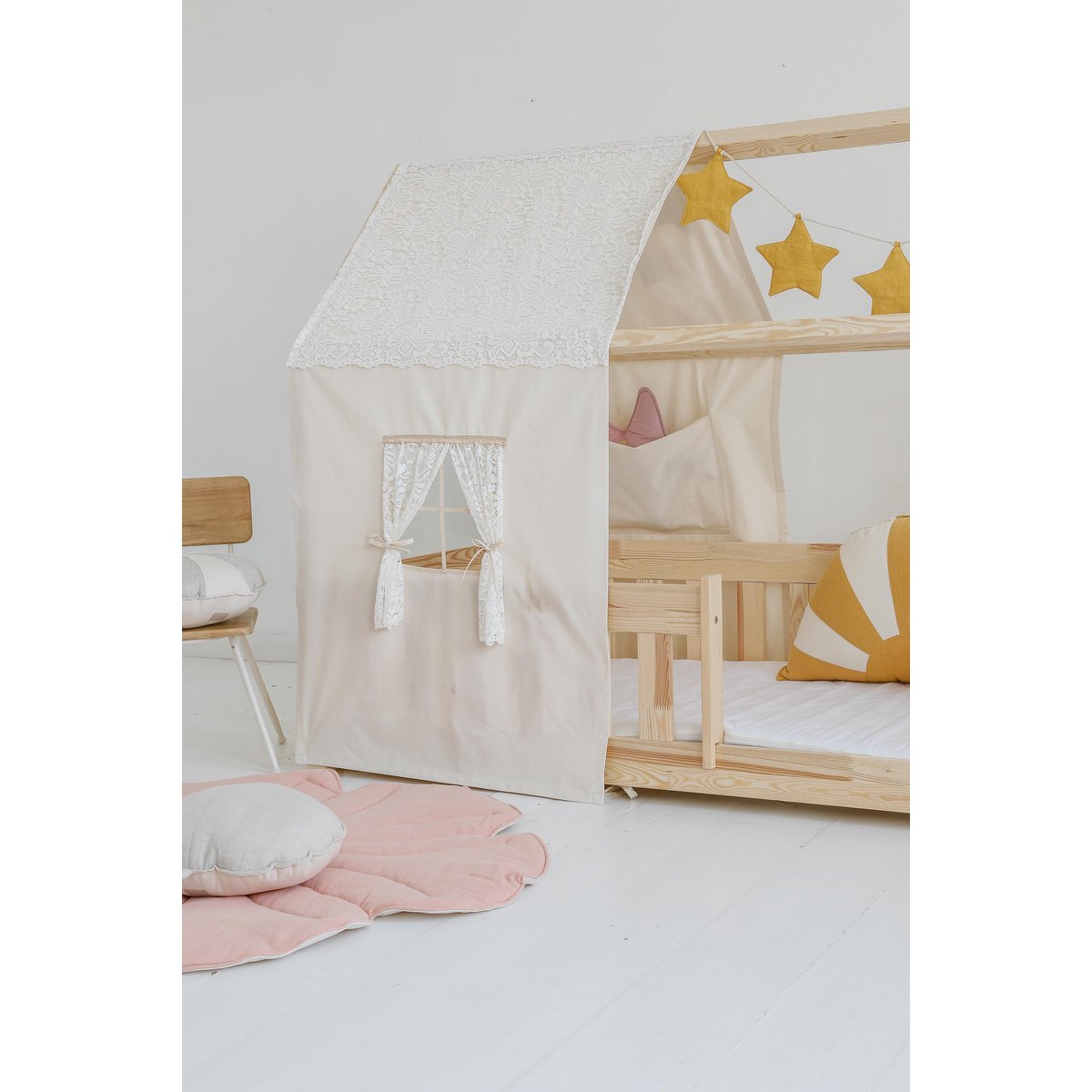 Dosel sobre cama en forma de casita "Boho", casita de cuna, Decoración para habitación de niño, casitas de bebé personalizadas, decoración de habitación bohemia