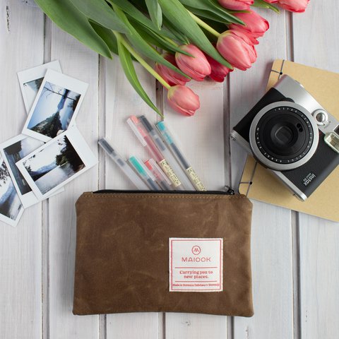 Wax canvas travel makeup bag, Small water resistant waxed canvas zipper pouch