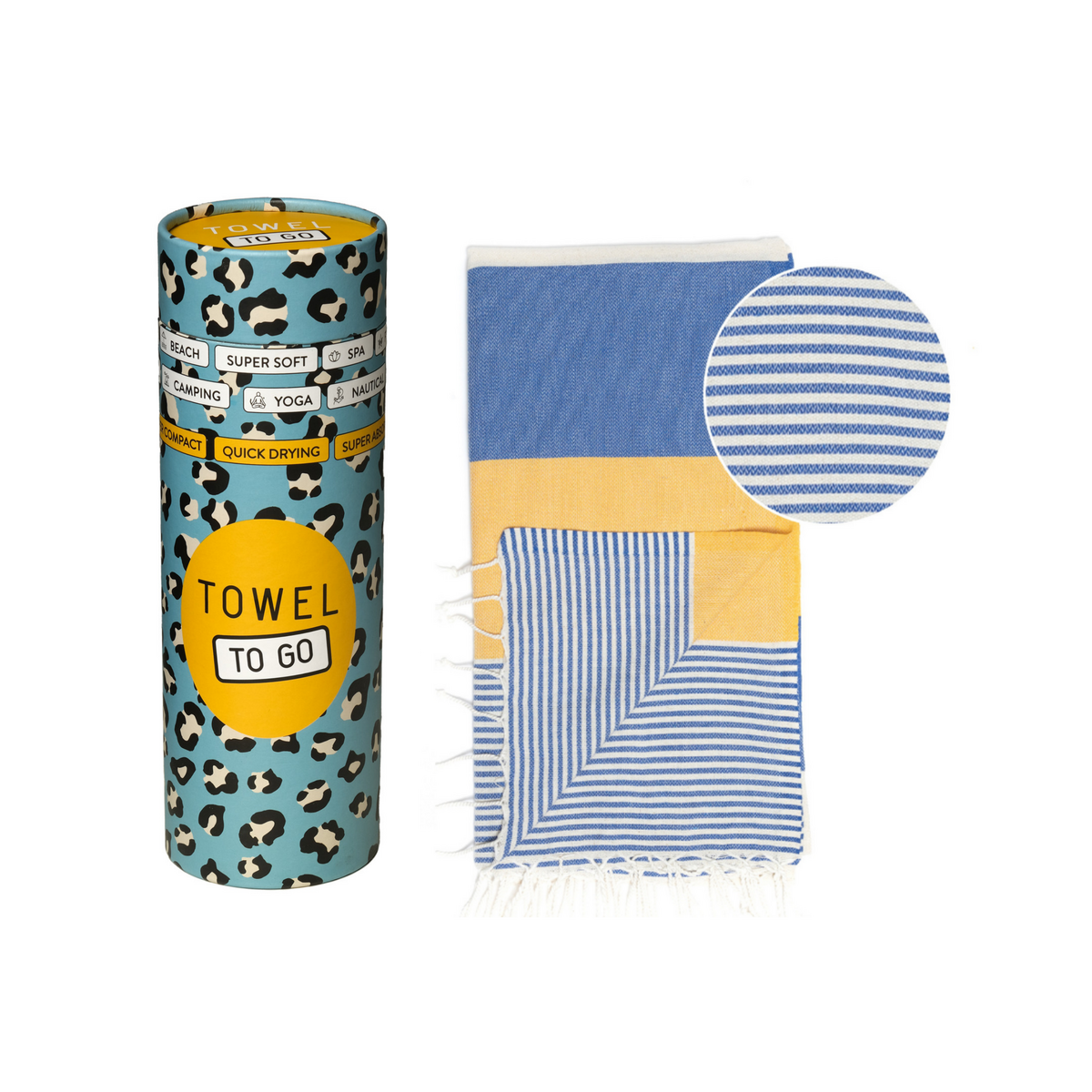 HANDDOEK TO GO PALERMO Katoenen strandlaken 180x100 cm | Spa-saunahanddoek | Blauw / Geel | met geschenkdoos