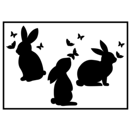 Sticker with silhouettes of rabbits and butterflies. Available in black, vinyl, white, gold, and static window film.