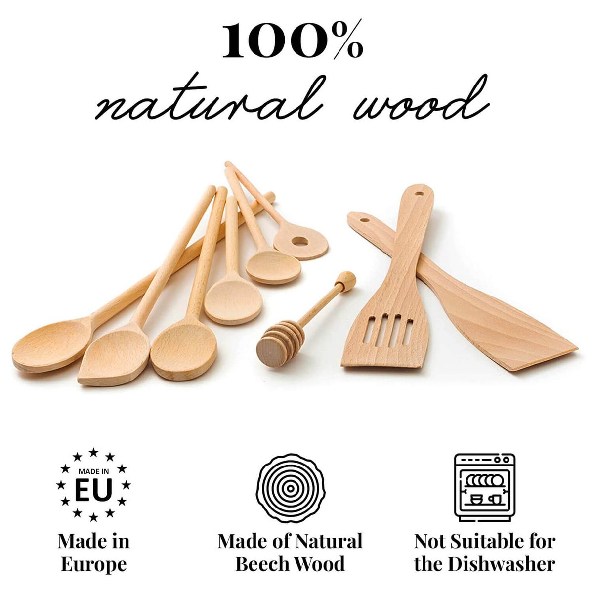 9 Piece Wooden Kitchen Utensil Set (Cooking Spoons, Spatulas, Honey Spoon)