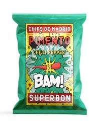 Crunchy, savory chili-flavored potato chips in a vibrant green bag with bold graphics. The chips have an irregular, irregular shape and a bright orange color.