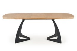  "Extendable dining table, wood color, oval shape, modern black metal legs, seats 6-8 people"