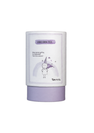 Loose leaf green jasmine tea with a whimsical unicorn design on the packaging. The tea is packaged in a cylindrical container with a purple and white color scheme.