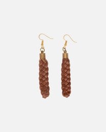 Leather braided drop earrings in off-white, black, and cognac colors. The earrings feature a braided leather design with a teardrop shape.