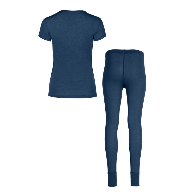 Set da donna in 2 pezzi di lana merino 160 con maniche corte e fondo in denim