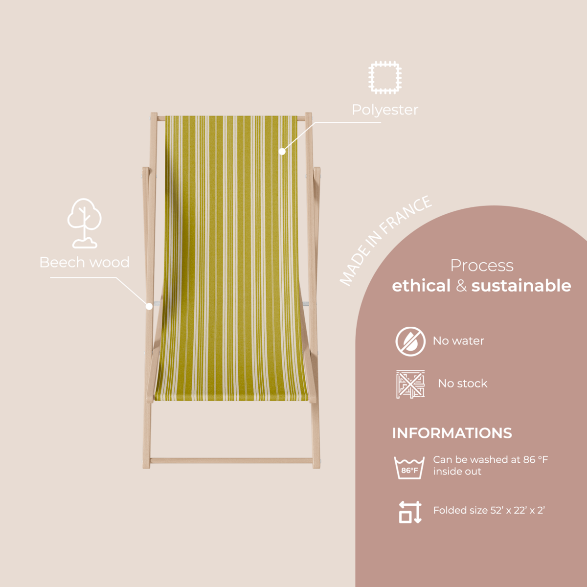 Yellow beech wood striped polyester deckchair Léonie model