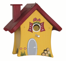 Yellow wooden forest hut birdhouse with red roof, decorative door and window, hanging bird nest box