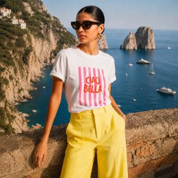  White short sleeve t-shirt with pink "Ciao Bella" graphic print, casual women's style.