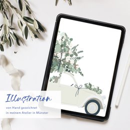 Wedding card 'for the wedding' with a sweet car and eucalyptus