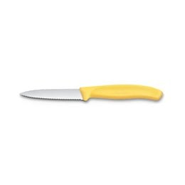Yellow-handled serrated peeling knife, 8cm blade, for chopping and peeling tasks.