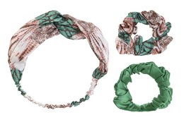  A set of 3 polyester hair accessories in a brown color, featuring a floral and leaf pattern design. The accessories include a headband and two scrunchies.