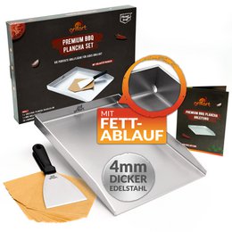 Premium plancha grill plate made of high-quality stainless steel, including a grill spatula, for grilling or teppanyaki cooking.