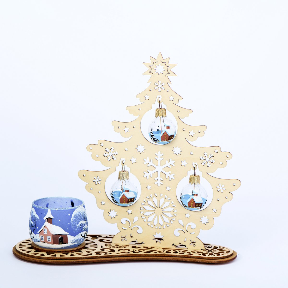 Tannenbaum Set mit Windlicht und Weihnachtskugeln