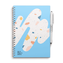 A5 size hardcover notebook with a light blue cover featuring abstract shapes and patterns. Available in premium and standard hardcover versions.