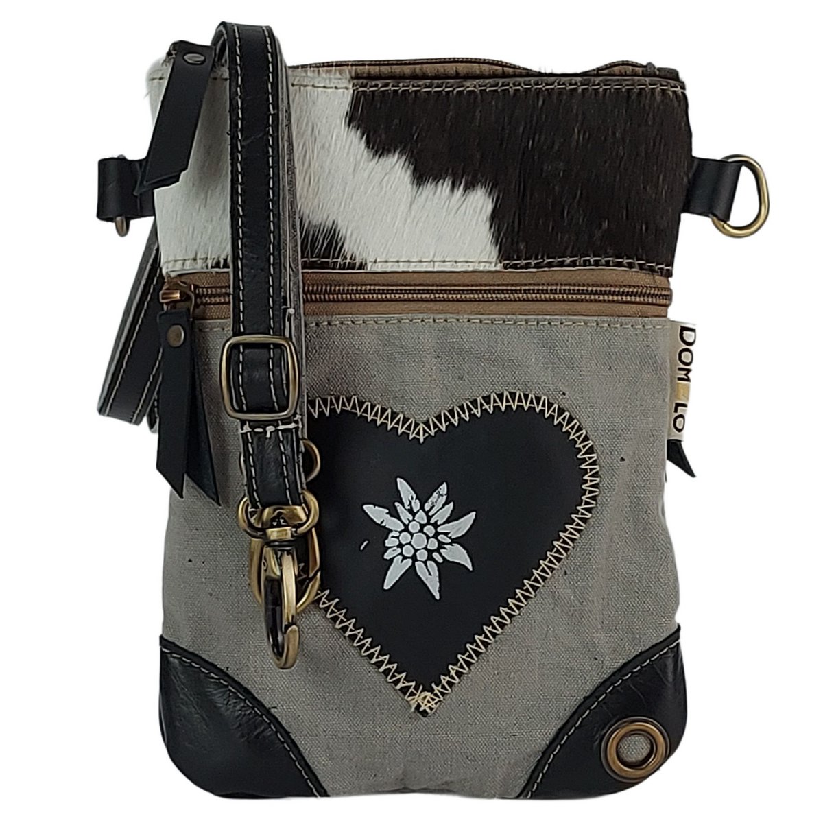 Nieuwe Domelo Dirndl schoudertas - Oktoberfest traditionele tas. Tas met edelweiss & hart design - traditionele kleine crossbody tas gemaakt van canvas & koeienhuid. kopiëren