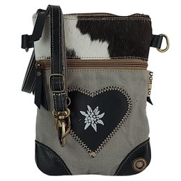 Nieuwe Domelo Dirndl schoudertas - Oktoberfest traditionele tas. Tas met edelweiss & hart design - traditionele kleine crossbody tas gemaakt van canvas & koeienhuid. kopiëren